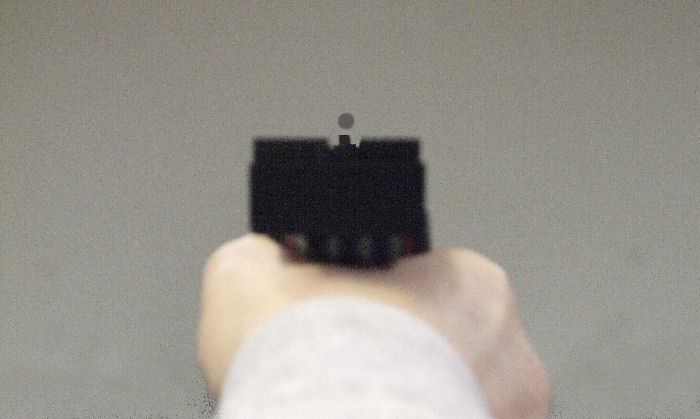 View over the sights of a Feinwerkbau model 40 target pistol